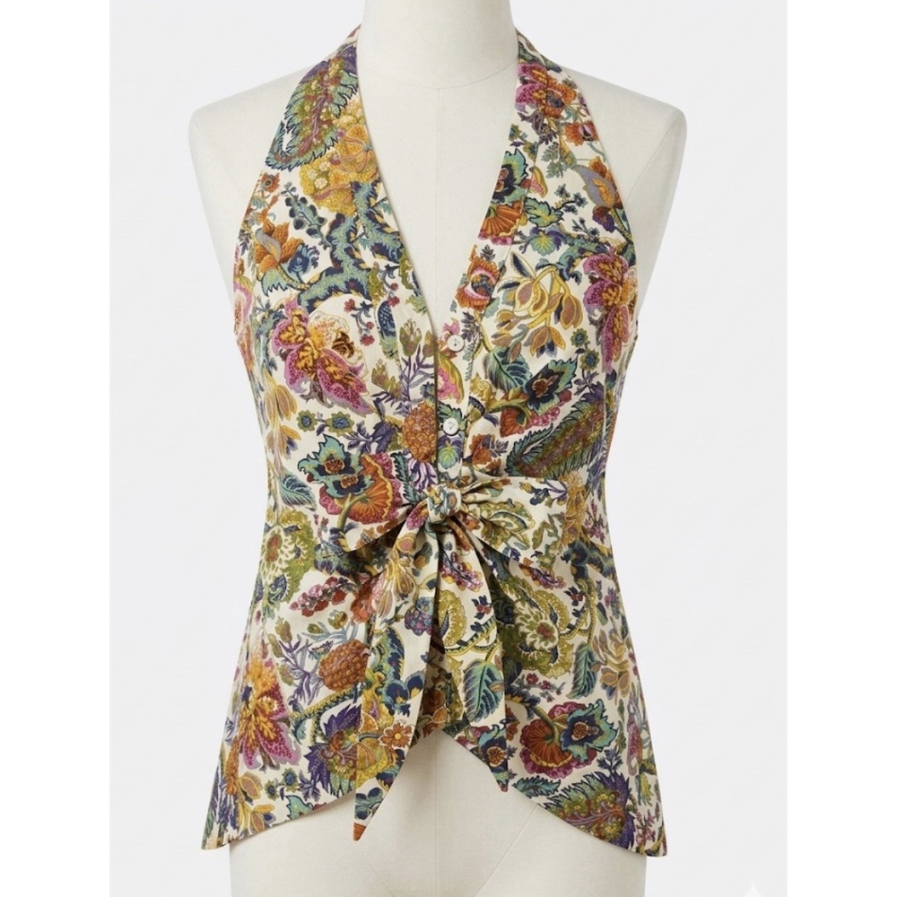 DREW Floral Paisley Halter Neck Tie Front Top Size XS Cotton Bohemian Summer